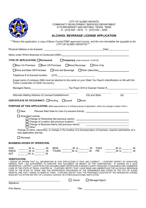First page of the Alcohol Beverage License Application