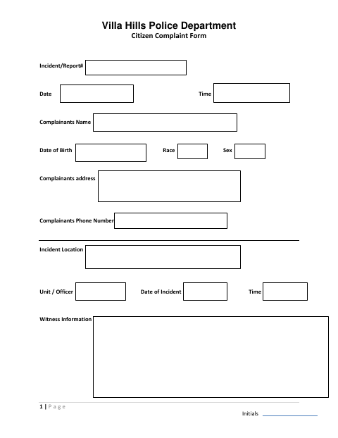 First page of the Police Department Citizen Complaint Form