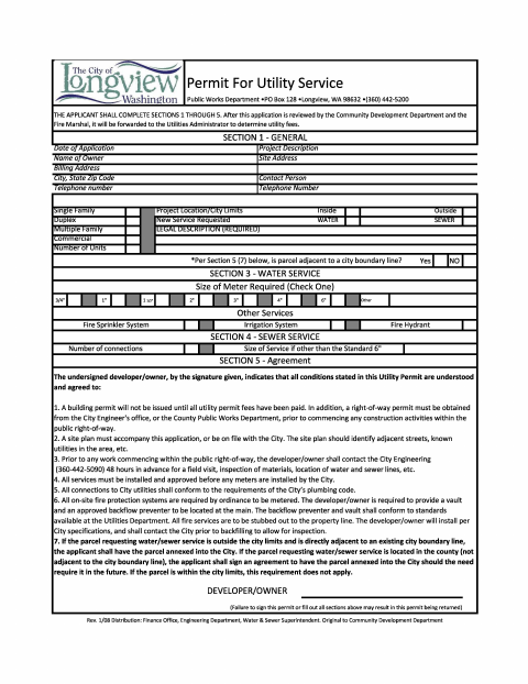 First page of the Permit for Utility Service
