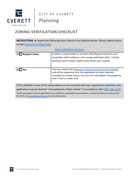 First page of the Zoning Verification Checklist