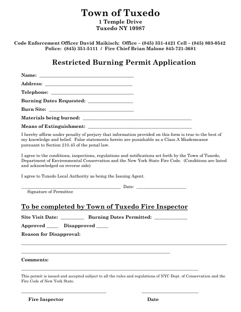 First page of the Restricted Burning Permit Application