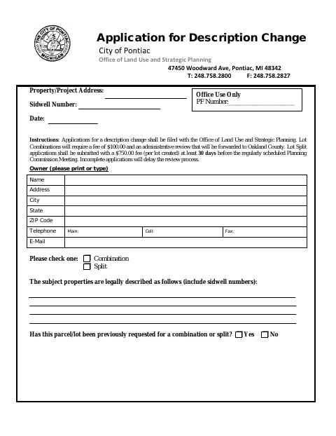 First page of the Application for Description Change