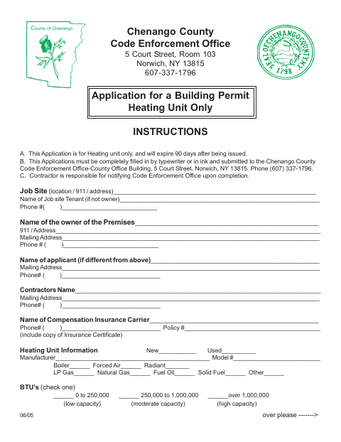 First page of the Application for a Building Permit: Heating Unit Only