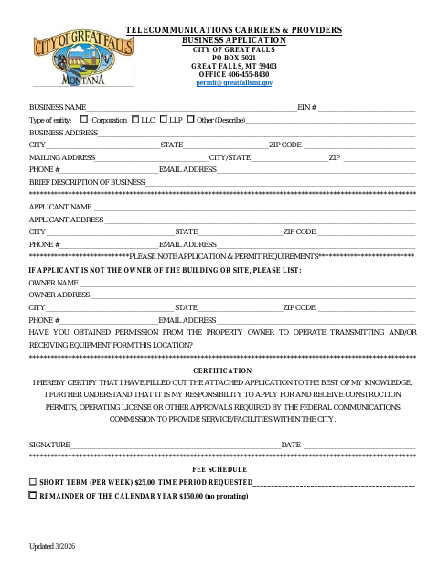 First page of the Telecommunications Carriers & Providers Business Application