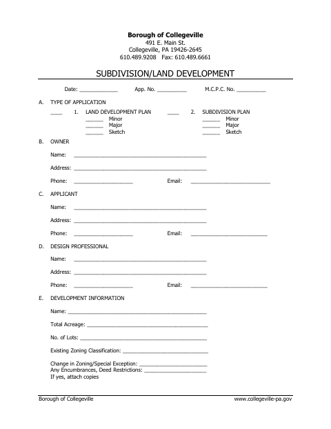 First page of the Subdivision/Land Development Application
