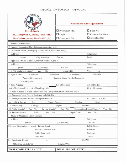 First page of the Plat Application