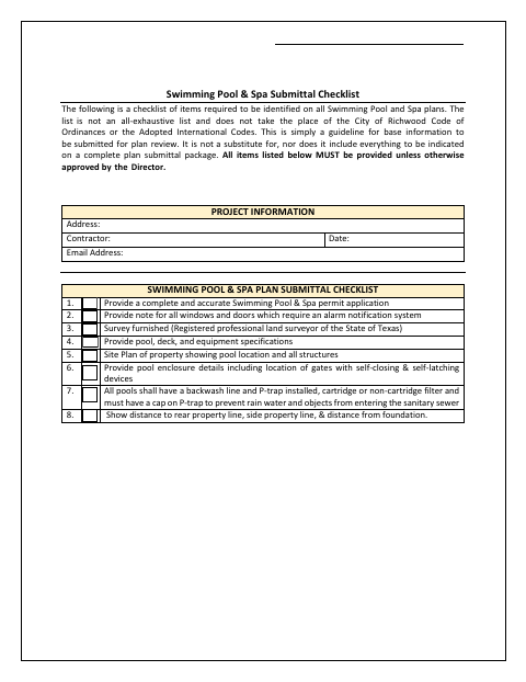 First page of the Swimming Pool & Spa Permit Application