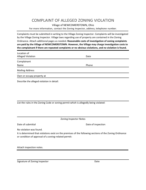 First page of the Complaint of Alleged Zoning Violation