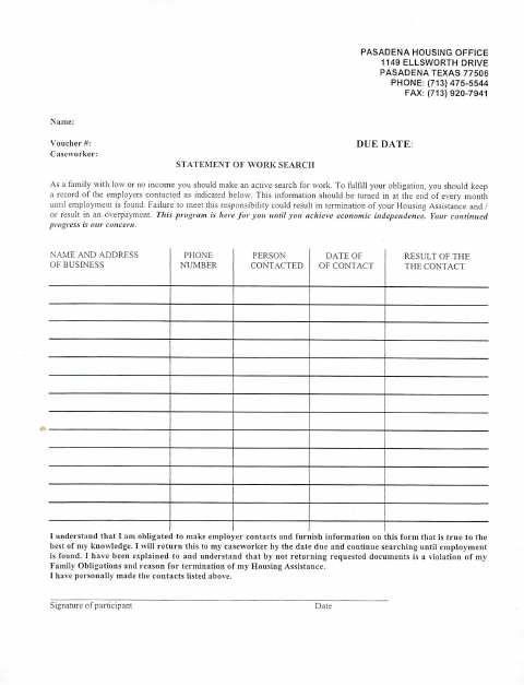 First page of the Work Search Statement