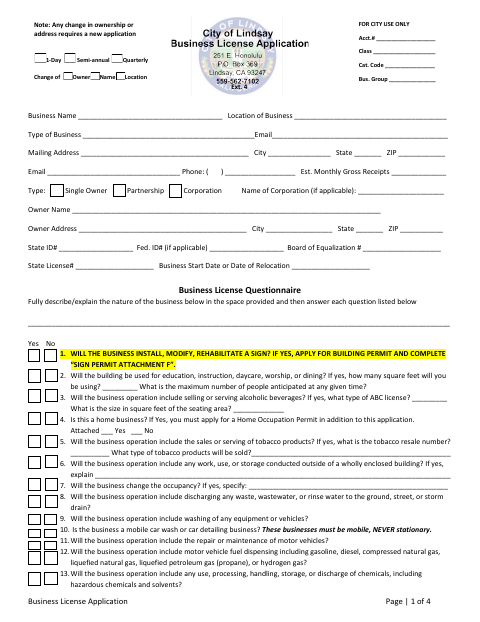 First page of the Business License Application