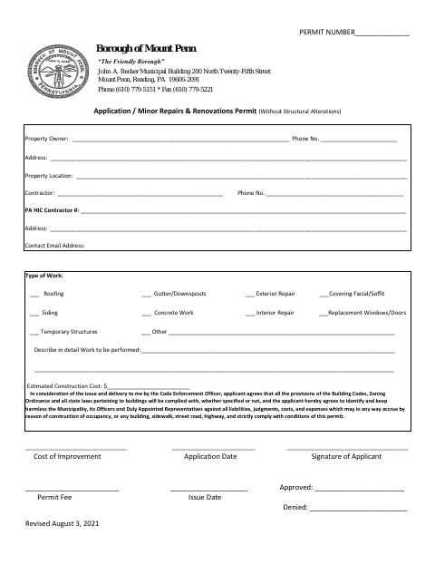 First page of the Minor Repairs & Renovations Permit Application (Without Structural Alterations)