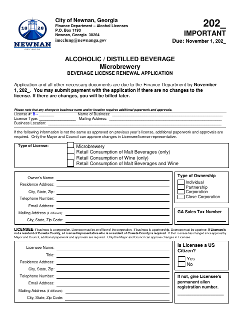 First page of the Microbrewery Beverage License Renewal Application