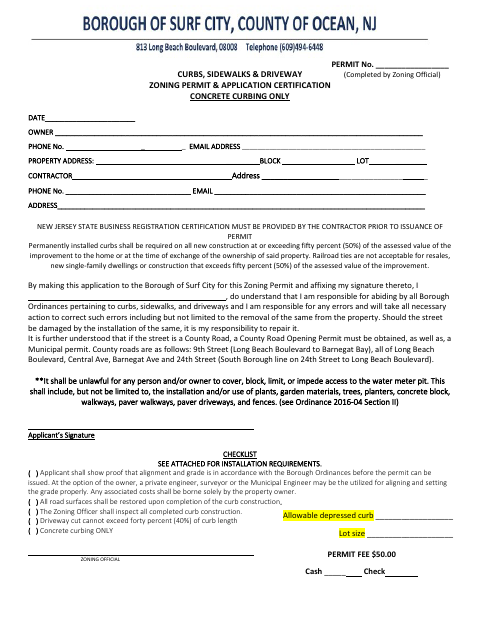 First page of the Curbs, Sidewalks & Driveway Zoning Permit Application