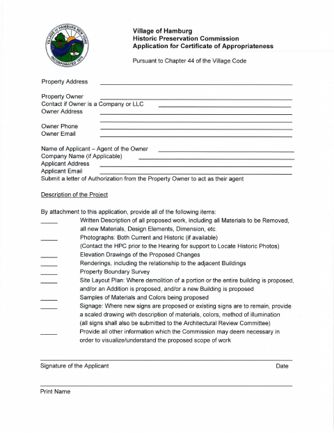 First page of the Certificate of Appropriateness Application