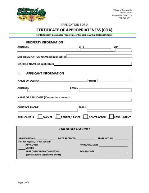 First page of the Application for a Certificate of Appropriateness (Historic District)
