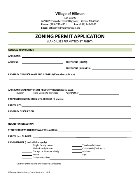 First page of the Zoning Permit Application (Land Uses Permitted by Right)