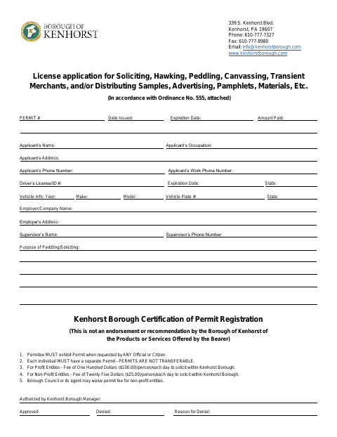 First page of the Soliciting and Peddling License Application