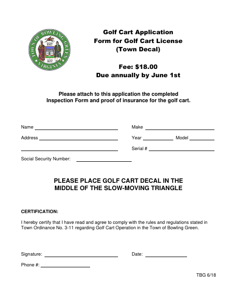 First page of the Golf Cart Application Form for Golf Cart License