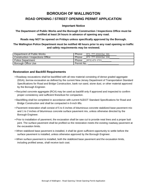 First page of the Road Opening Permit Application
