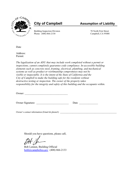 First page of the Assumption of Liability (ADU Legalization)