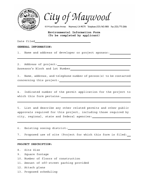First page of the Environmental Information Form
