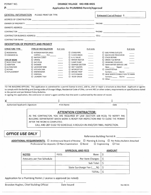 First page of the Plumbing Permit Application