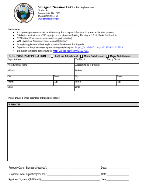 First page of the Subdivision Application