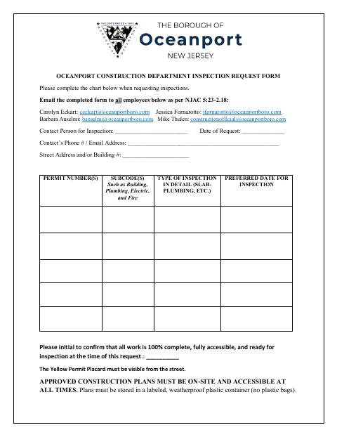 First page of the Construction Department Inspection Request Form