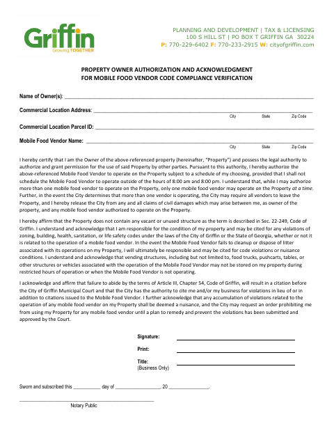 First page of the Mobile Food Vendor Owner Authorization Affidavit