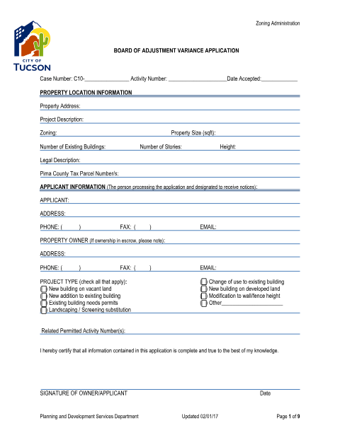First page of the Board of Adjustment Variance Application