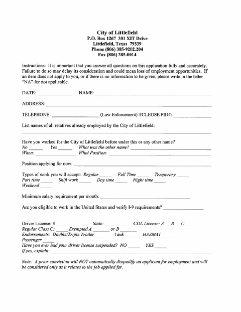 First page of the Employment Application