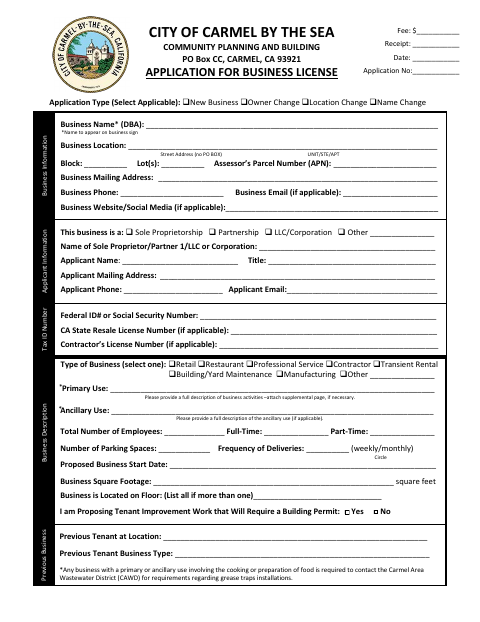 First page of the Application for Business License