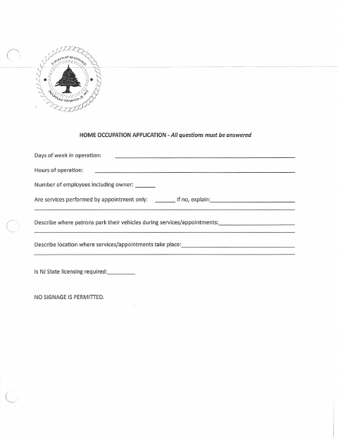 First page of the Home Occupation Application