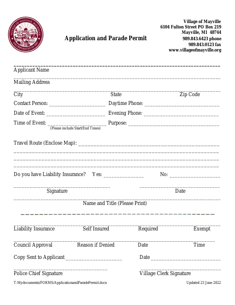 First page of the Application and Parade Permit