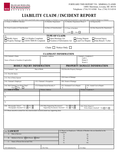 First page of the Liability Claim / Incident Report