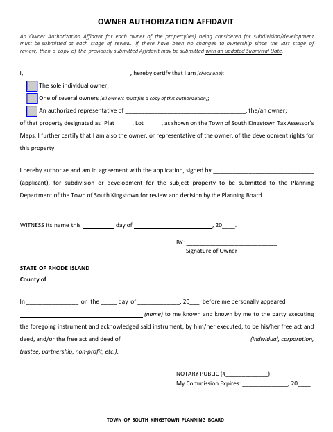 First page of the Owner Authorization Affidavit