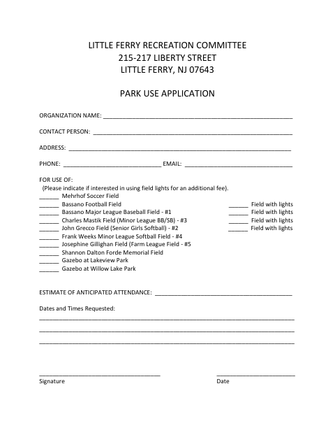 First page of the Park Use Application