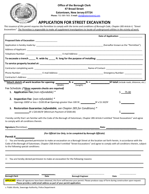 First page of the Application for Street Excavation
