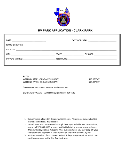 First page of the RV Park Application