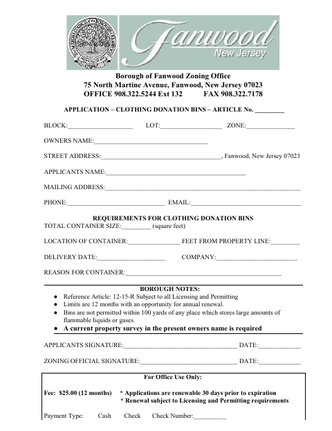 First page of the Application – Clothing Donation Bins