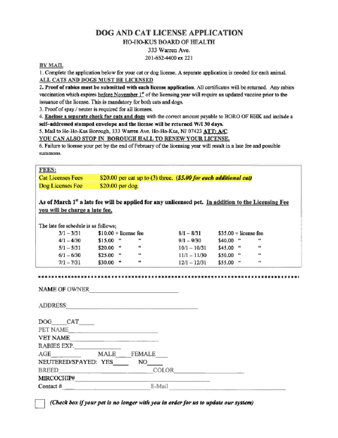 First page of the Dog and Cat License Application