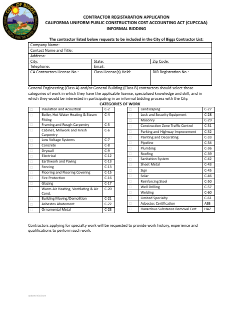 First page of the CUPCCAA Contractor Registration Application