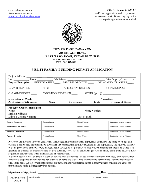 First page of the Multi-Family Building Permit Application