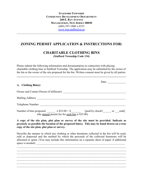 First page of the Zoning Permit Application for Charitable Clothing Bins