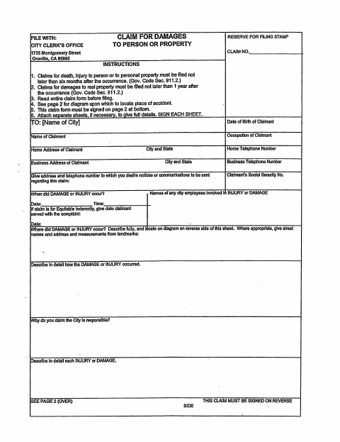 First page of the Claim for Damages Form