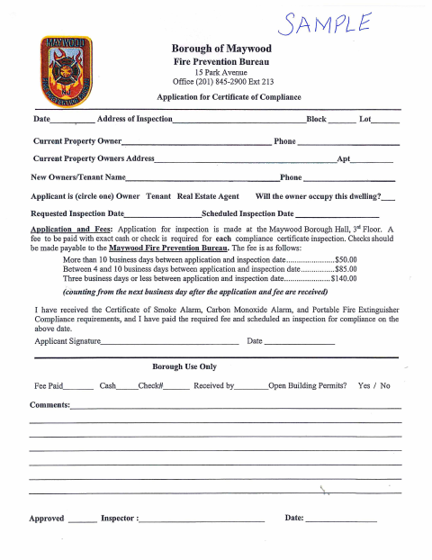 First page of the Application for Certificate of Compliance
