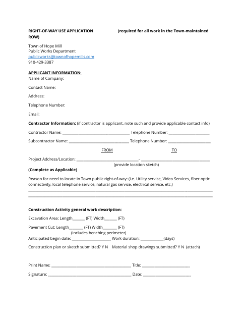 First page of the Right-of-Way Use Permit Application