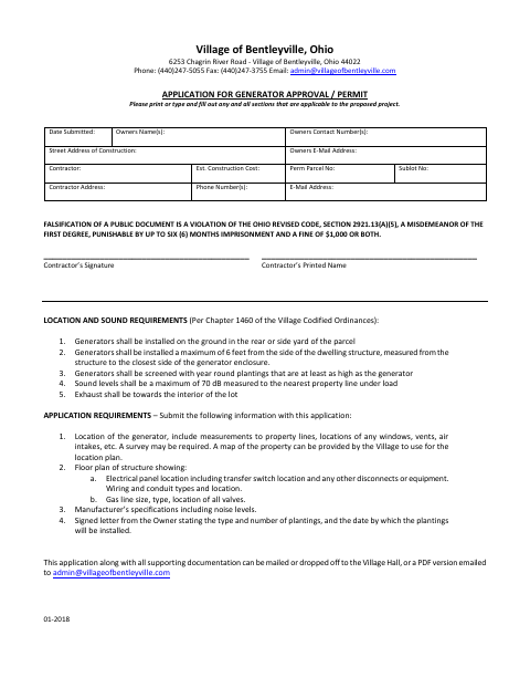 First page of the Application for Generator Approval / Permit