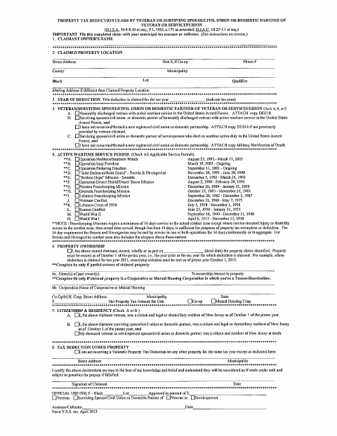 First page of the Property Tax Deduction Claim for Disabled Veteran