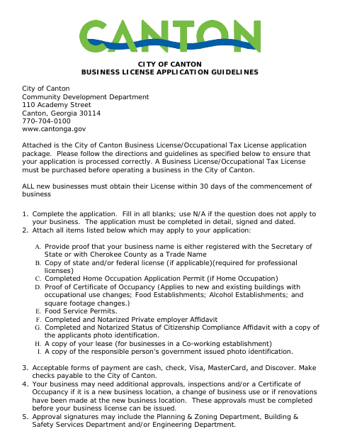 First page of the Business License Application Package